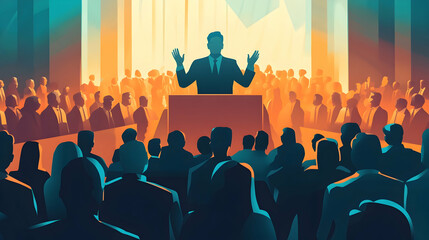 High-definition illustration of a leader giving a speech with hands raised, capturing the attention of an engaged audience in a large corporate hall