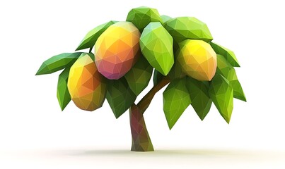 A stylized, low-poly tree with ripe mangoes and vibrant green leaves.