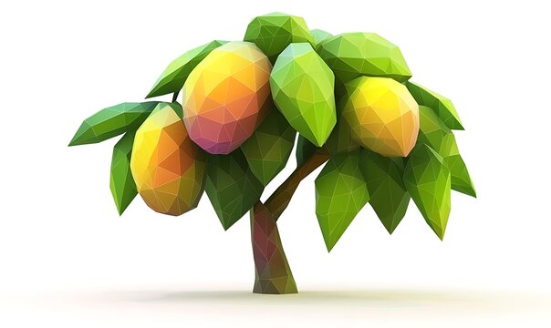 A stylized, low-poly tree with ripe mangoes and vibrant green leaves.
