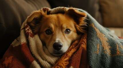 A relaxed dog wrapped in a cozy blanket, exuding comfort and warmth in a peaceful, homey atmosphere.
