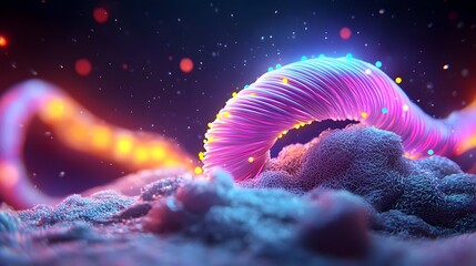 Fototapeta premium Detailed view of glowing luminous fiber optic strands twisting and coiling on a mysterious obscured surface surreal and ethereal digital art with a captivating aesthetic