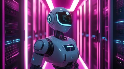 A cyber defense robot actively defending a server room from digital threats, with AI algorithms rapidly analyzing and blocking malware. The server room is high-tech with neon security lights.