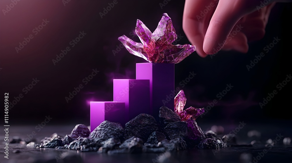 Poster elegant ascending purple business graph visualizing financial data in a 3d rendering with a minimali