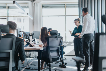 Fototapeta premium A multicultural group of people engaged in a business meeting within a contemporary office environment. The image captures teamwork, collaboration, and a dynamic workplace atmosphere.