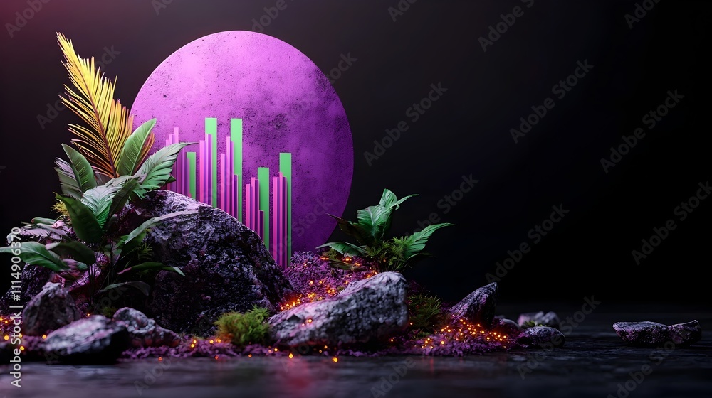 Poster streamlined purple graph chart on a dark moody background with negative space representing financial