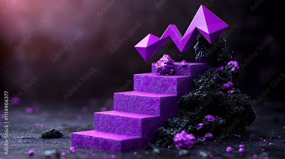 Poster streamlined purple graph chart on a dark moody setting with an empty negative space background repre