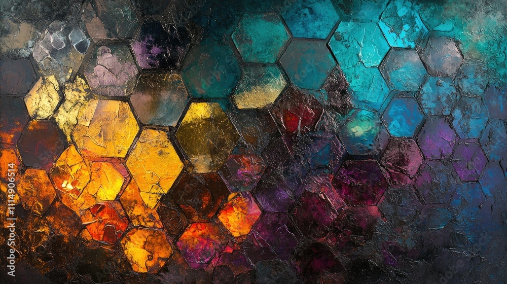 Poster A stunning abstract arrangement of hexagonal shapes with a shimmering metallic surface, reflecting light in vibrant colors.