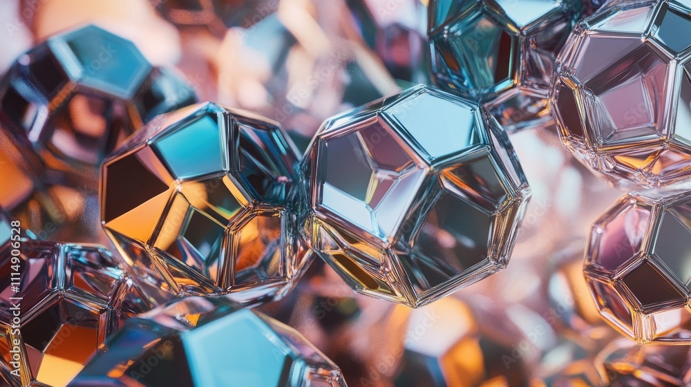 Poster A stunning abstract arrangement of hexagonal shapes with a shimmering metallic surface, reflecting light in vibrant colors.