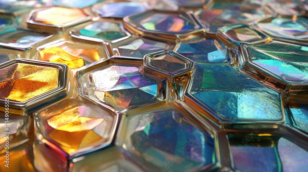 Poster A stunning abstract arrangement of hexagonal shapes with a shimmering metallic surface, reflecting light in vibrant colors.
