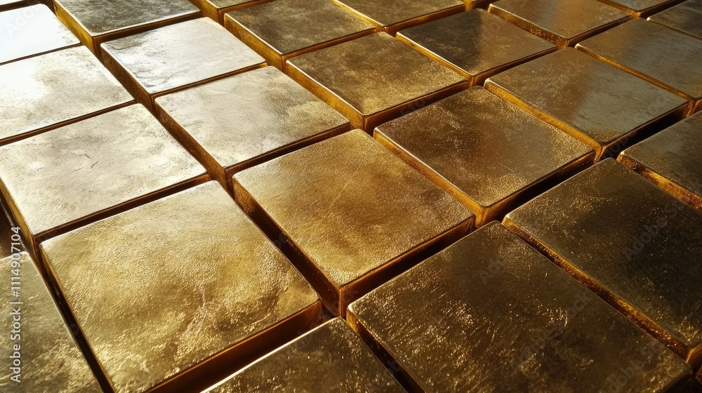 Aufkleber A textured arrangement of shiny gold blocks, closely captured to highlight their gleaming surface and the intricate design of the pattern.