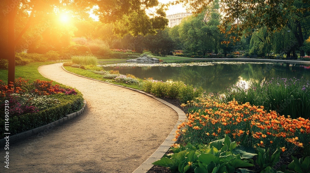 Poster a tranquil park scene with a winding path, vibrant flowers, and a reflective lake under the warm glo