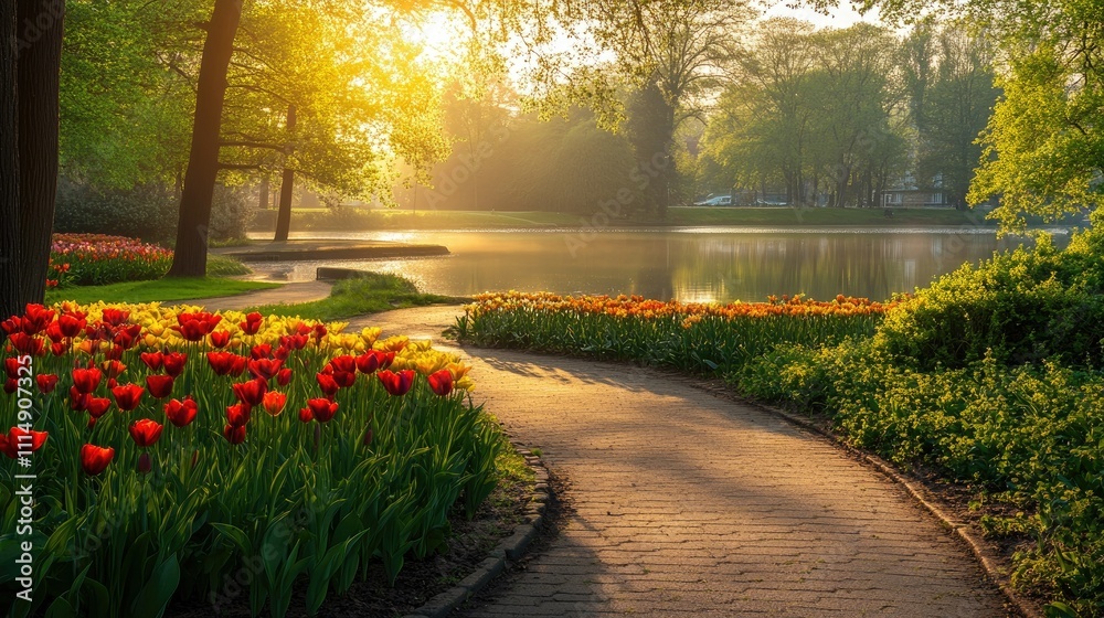 Poster a tranquil park scene with a winding path, vibrant flowers, and a reflective lake under the warm glo