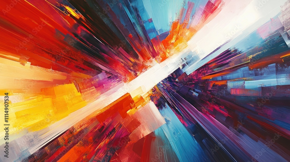 Poster a vibrant abstract composition of rectangular shapes radiating energy and light, evoking a sense of 