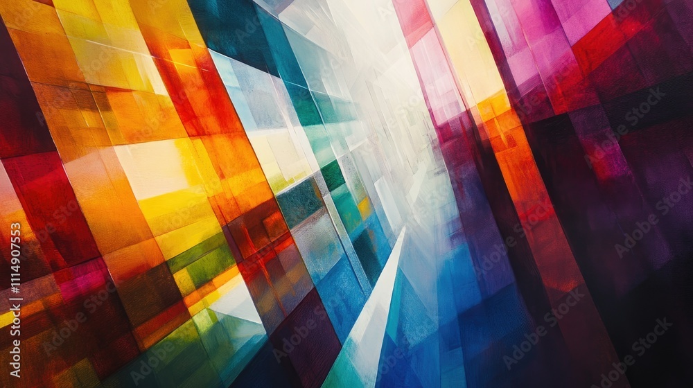 Poster a vibrant abstract composition of rectangular shapes radiating energy and light, evoking a sense of 