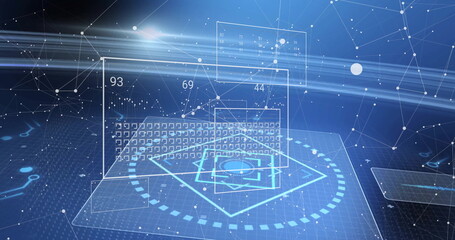 Image of digital data processing with circuit board over black background
