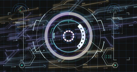 Image of digital data processing with scope scanning over black background