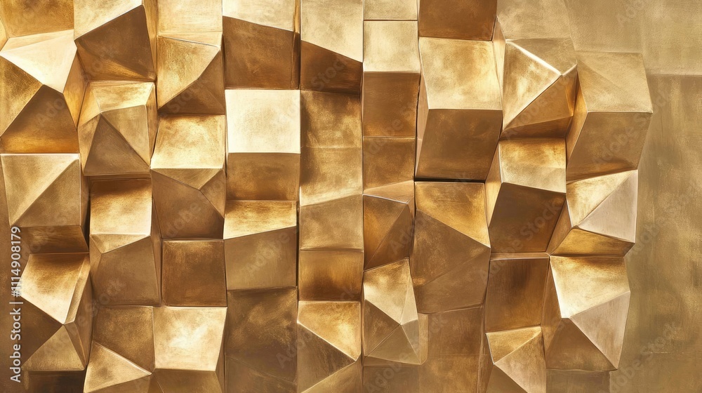 Poster a visually captivating arrangement of golden cubes in a 3d pattern, showcasing depth, shine, and con