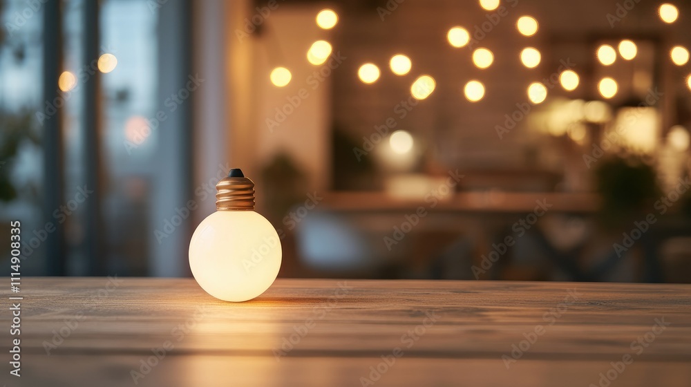 Poster a warm and cozy scene with glowing bulbs against a blurred bokeh background, placed on a rustic wood