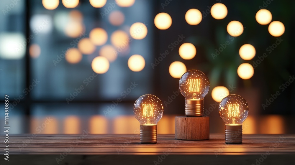 Poster a warm and cozy scene with glowing bulbs against a blurred bokeh background, placed on a rustic wood