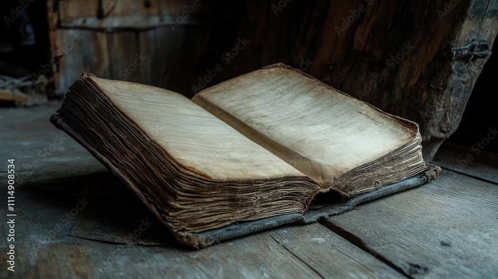 Poster a worn book with blank pages lying open on a rustic wooden surface, giving off a timeless and vintag