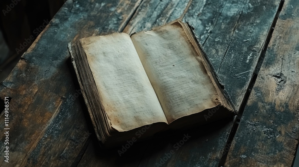 Poster a worn book with blank pages lying open on a rustic wooden surface, giving off a timeless and vintag