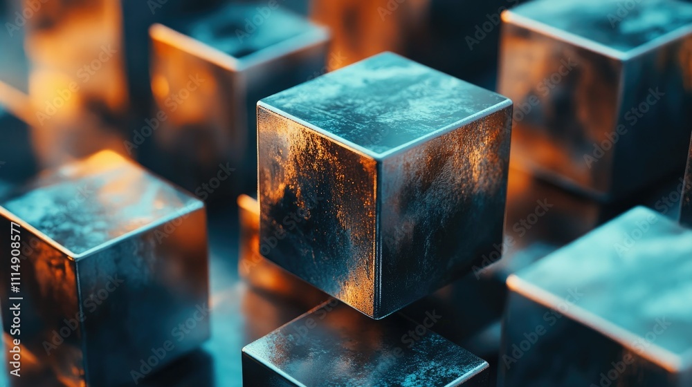 Poster Abstract close-up of metallic cubes with a reflective surface, glowing under warm light, forming a dynamic and geometric visual effect.