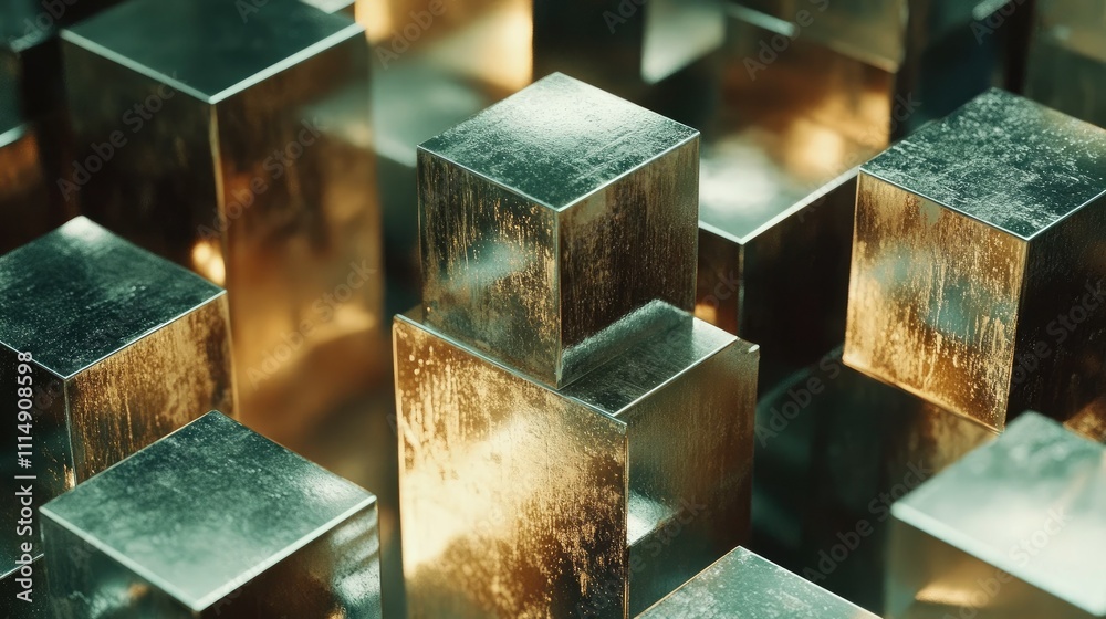 Poster Abstract close-up of metallic cubes with a reflective surface, glowing under warm light, forming a dynamic and geometric visual effect.