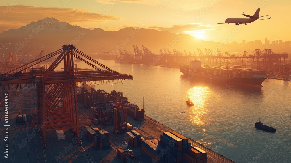 Poster An aerial view of a bustling shipping port with cranes unloading containers from ships, while a cargo plane flies in the distance during early morning light.