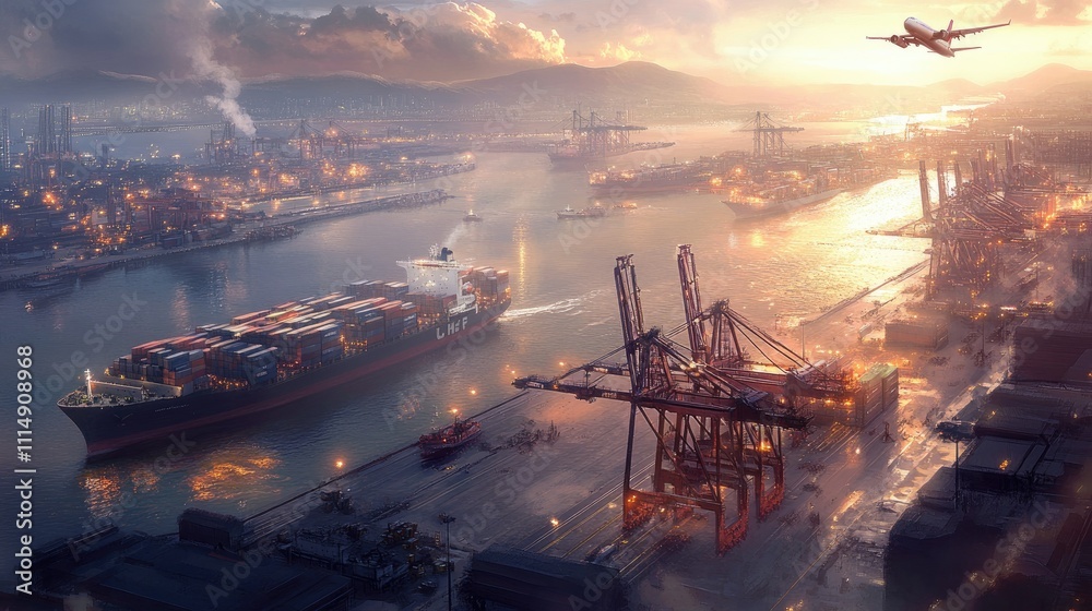 Poster An aerial view of a bustling shipping port with cranes unloading containers from ships, while a cargo plane flies in the distance during early morning light.