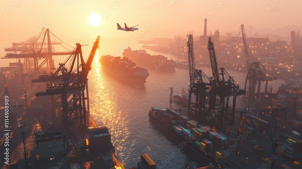 Poster An aerial view of a bustling shipping port with cranes unloading containers from ships, while a cargo plane flies in the distance during early morning light.