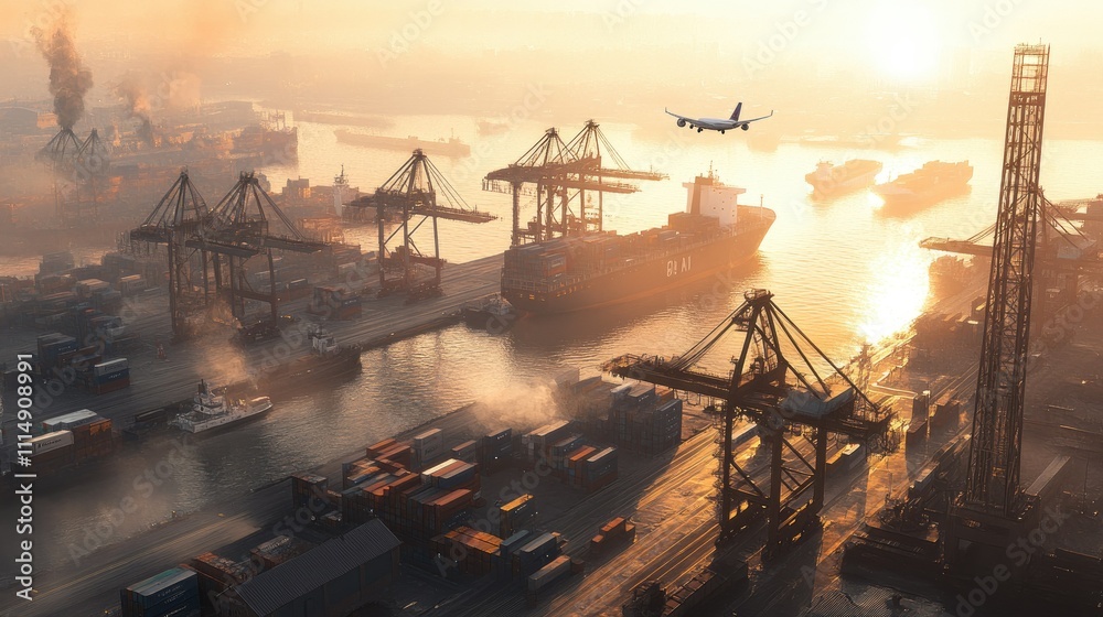 Poster An aerial view of a bustling shipping port with cranes unloading containers from ships, while a cargo plane flies in the distance during early morning light.