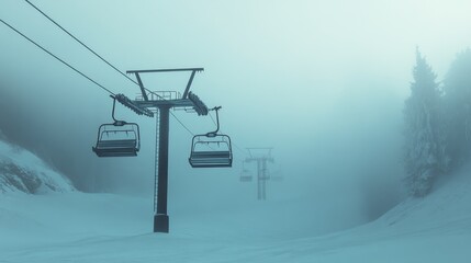 Fototapeta premium An empty ski lift in a foggy winter landscape, with snow covering the ground and a peaceful, still atmosphere surrounding the scene.