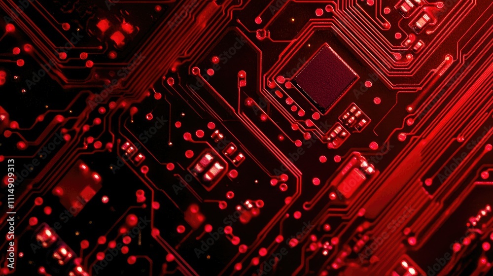 Aufkleber detailed shot of a circuit board with neon red traces and microchips, highlighting advanced electron