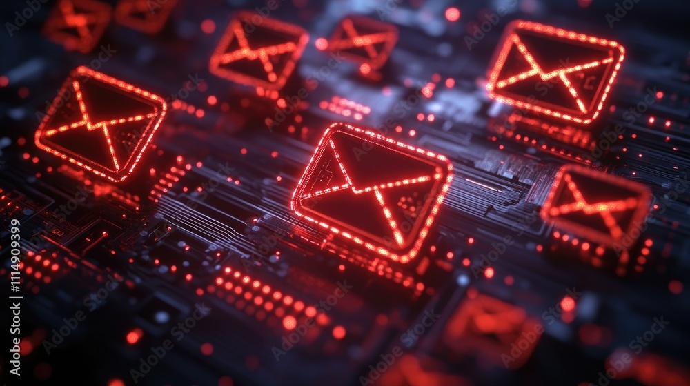 Poster glowing red email icons on a dark, futuristic circuit board, illustrating the power of digital commu