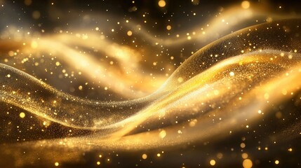 Obraz premium Flowing golden waves with glittering particles, adding texture and depth to a visually dynamic, abstract composition.
