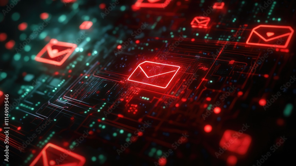 Poster Red email icons lighting up a dark circuit board, representing the flow of digital messages and communication across technological networks.