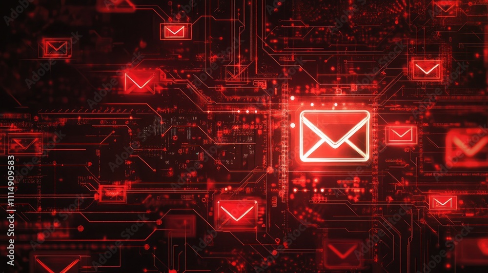 Poster Red email icons lighting up a dark circuit board, representing the flow of digital messages and communication across technological networks.