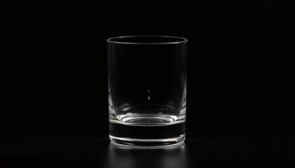 An empty, minimalist whiskey glass with a thick base, placed on a plain black background with soft lighting.