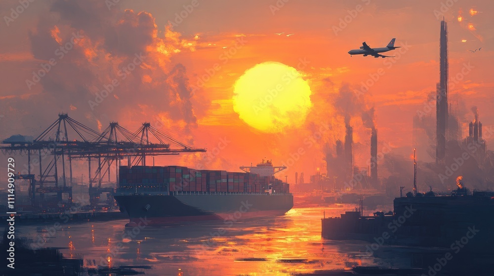 Poster the sun rising over a busy port with cranes lifting containers onto a large cargo ship, while a carg