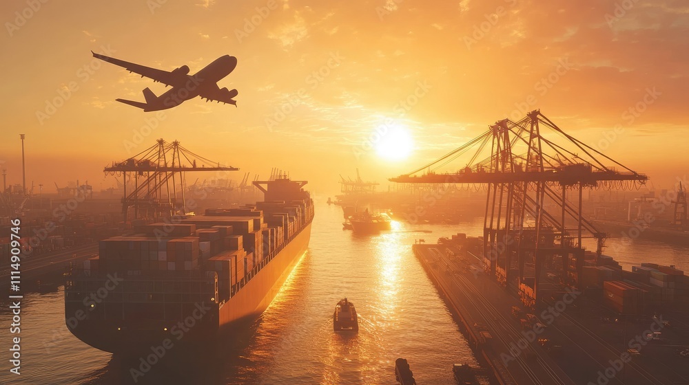 Poster the sun rising over a busy port with cranes lifting containers onto a large cargo ship, while a carg