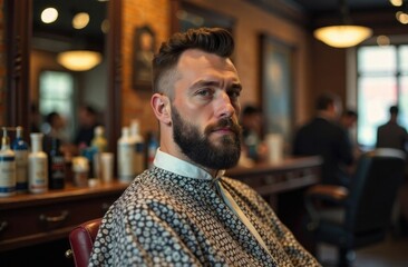 Fototapeta premium Barber shop, a charismatic man with a beard in an armchair.free space for text