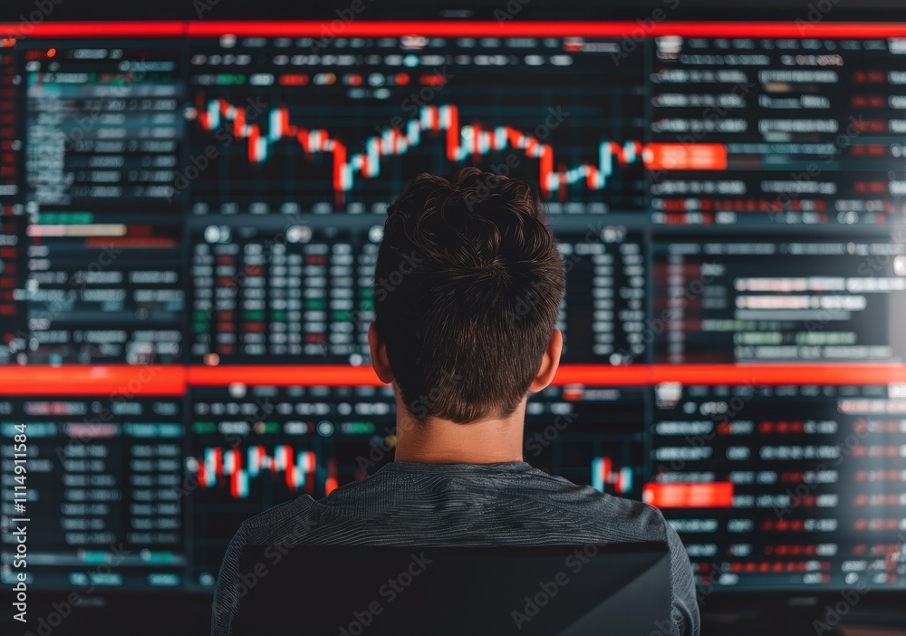 Poster a trader analyzes market data on a large screen displaying stock charts and financial metrics, highl
