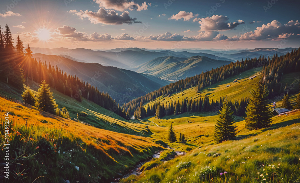 Aufkleber Mountain range with a sun shining on it. The sun is in the sky. There are trees in the foreground and background