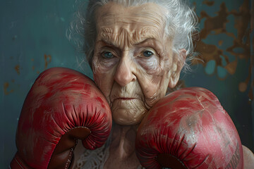 An elderly Caucasian woman with gray hair wears red boxing gloves, showcasing strength and resilience in her expression against a rustic backdrop.