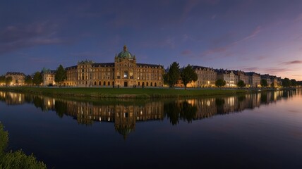 Fototapeta premium Cityscape at twilight, reflecting in calm water.