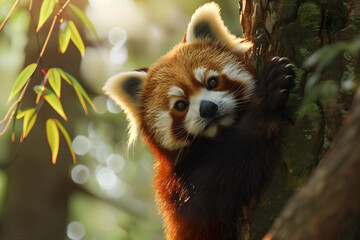 A charming red panda clings to a tree, showcasing its playful nature in a lush woodland setting with soft sunlight filtering through leaves.