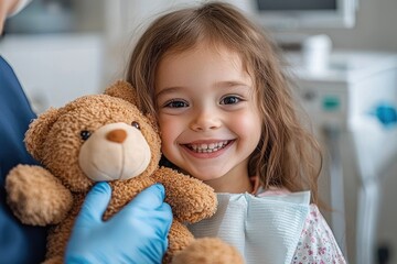 Cheerful Child in Dental Chair with Teddy Bear High-Fiving Nurse