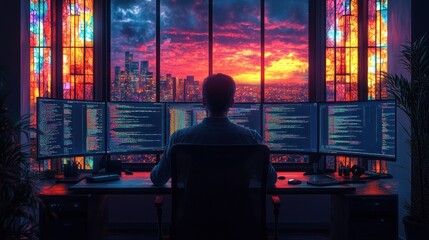 Female Programmer Coding on Multiple Monitors in Modern Office with Stained Glass Decor and Warm Ambience