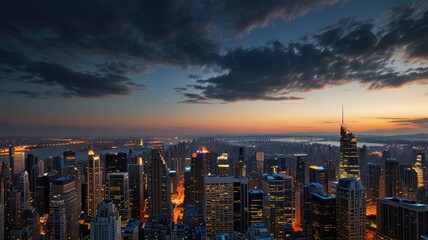 Obraz premium Dramatic sunset over illuminated cityscape at twilight.