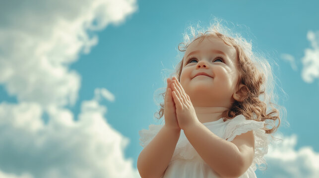 Baby angel praying with hands clasped under cloudy skies